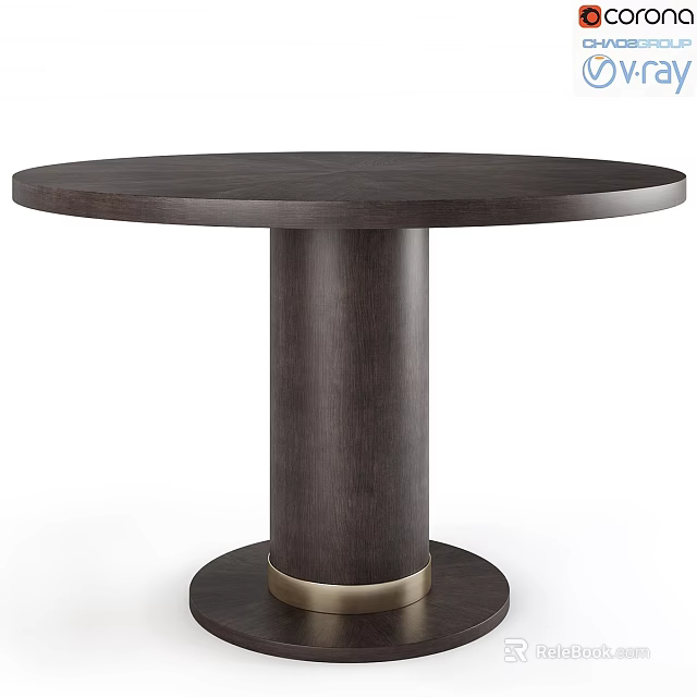 Round Dark Wood Dining Table With Cylindrical Leg And Gold Accent Base 3d model