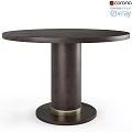 Round Dark Wood Dining Table With Cylindrical Leg And Gold Accent Base 3d model