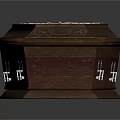 Dark Brown Wooden Coffin With Intricate White Floral Carvings And Metal Handles