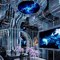 Futuristic Tech KTV Room With Large Screen Blue Lighting Black Sofas Decorative Plants Metallic Design