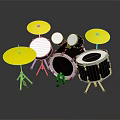 Musical Instrument Drum Set With Yellow Cymbals Black Drums And White Drumheads