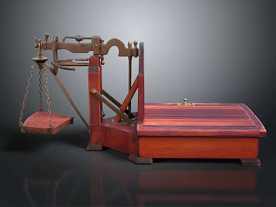 Vintage Wooden Balance Scale With Hanging Pan And Red Wooden Base 3d model