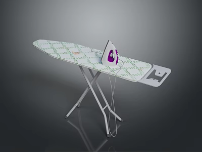 White Ironing Board With Purple Iron And Folding Stand For Home Use 3d model