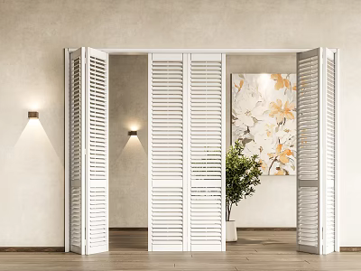 White Louvered Folding Doors In Modern Interior Space With Wall Lamps And Artwork 3d model