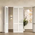 White Louvered Folding Doors In Modern Interior Space With Wall Lamps And Artwork