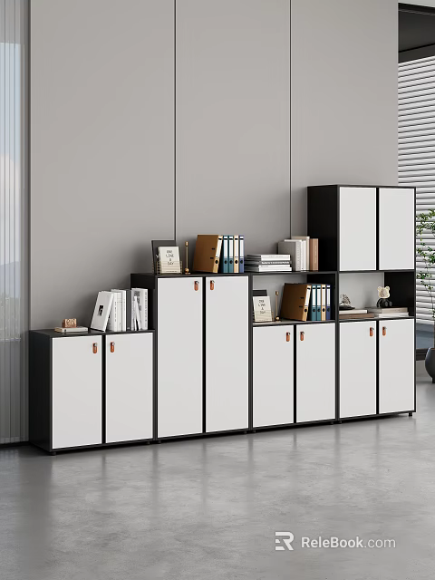 Modern Black And White File Cabinets Storage Units With Books Folders And Decor Items 3d model 