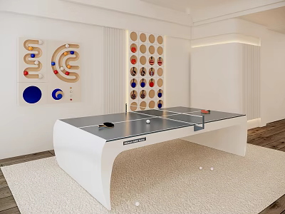 Modern Ping Pong Table With Colorful Wall Decor And Sports Equipment Setup 3d model