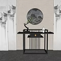 Chinese Console Table With Circular Mountain Pattern Painting Small Tree Decoration And White Statue 3d model