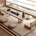 Japanese Wooden Tea Table And Chairs With Floor Cushions Tea Set Plant Near Large Windows