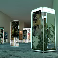Spacious Exhibition Hall Interior With Neatly Arranged Transparent Display Cases And Posters