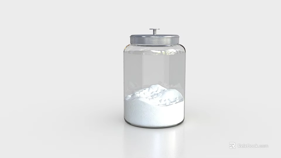 Transparent Glass Condiment Jar With Silver Lid Holding White Powder For Kitchen Use 3d model 
