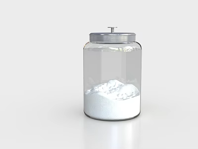 Transparent Glass Condiment Jar With Silver Lid Holding White Powder For Kitchen Use 3d model