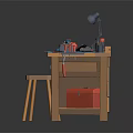 Wooden Workbench With Matching Stool Tools Table Lamp And Paint Cans On Top Below Drawers