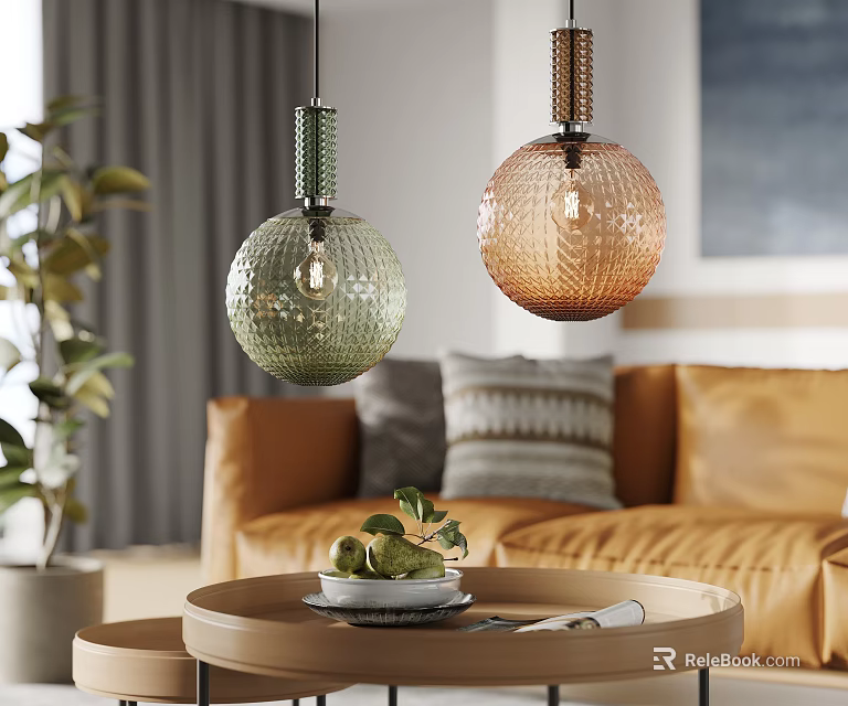 Modern Green Amber Glass Round Pendant Lights In Living Room Interior Design 3d model 