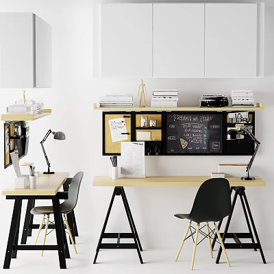 Modern Desk Interior With Shelf Chalkboard Lamp Chair And Documents 3d model