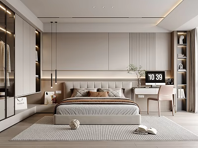 Modern Elegant Bedroom Interior With Upholstered Headboard Built In Wardrobe Desk Chair And Area Rug 3d model