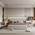 Modern Elegant Bedroom Interior With Upholstered Headboard Built In Wardrobe Desk Chair And Area Rug