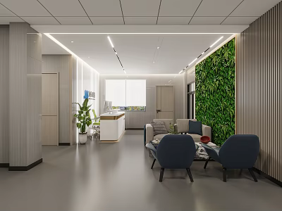 Modern Office Front Desk Reception With Green Living Wall And Sofa Seating Area 3d model