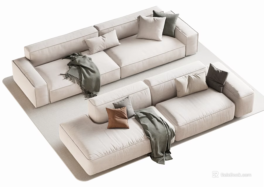Beige Double Sofa with Gray Brown Cushions and Soft Blanket in Modern Living Room Setting 3d model 