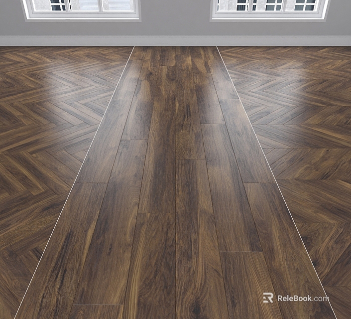 Modern Dark Brown Wooden Flooring With Herringbone Pattern And Central Straight Planks 3d model 