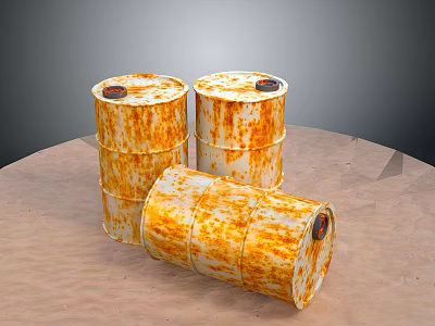 Rusty Oil Barrels Arrangement With Two Upright And One Lying On Brown Surface 3d model