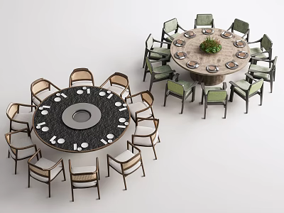 Two Round Dining Table Combinations With Wooden Chairs And Decorative Center Tops 3d model