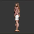 Woman in Red Floral Blouse and White Skirt Back and Front Views with Brown Shoes