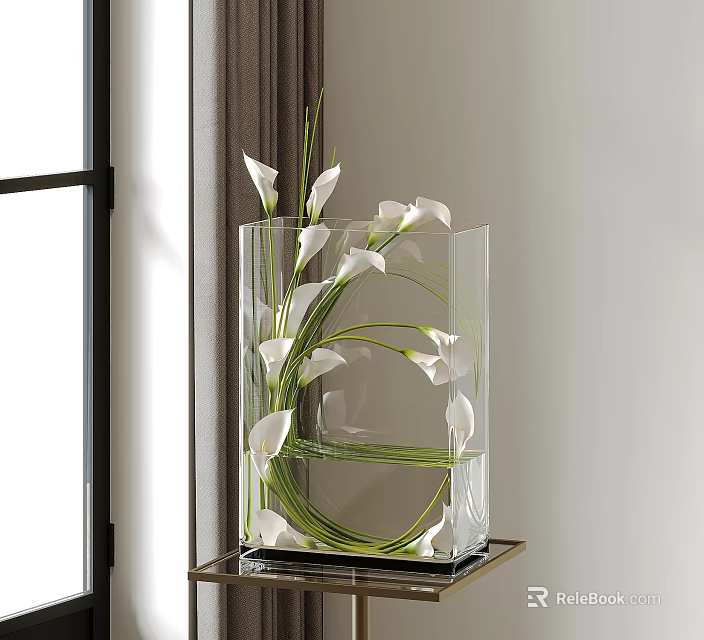 Transparent Glass Vase with White Calla Lilies and Green Stems on Small Table by Window 3d model 