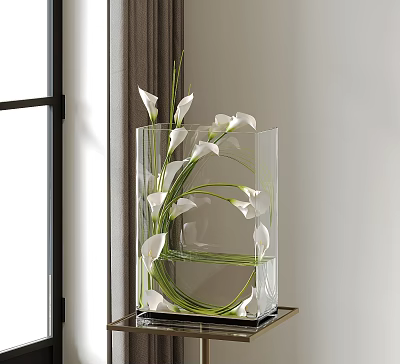 Transparent Glass Vase with White Calla Lilies and Green Stems on Small Table by Window 3d model