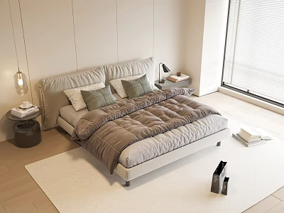 Modern Light Colored Double Bed With Soft Bedding Pillows Bedside Lamp And Window Blinds 3d model