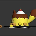 Cat Shaped Cake With Chocolate Topping Whipped Cream Cherry And Small Pastries On White Plate 3d model