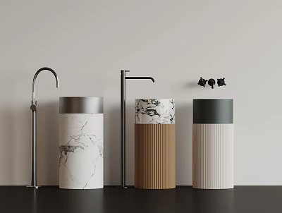 Modern Cylindrical Washbasins with Marble Texture Brown White Bodies and Metal Faucets 3d model