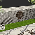 Stone Landscape Feature Wall With Circular Ornament Grid Pattern Lawn Trees And Patterned Paving 3d model