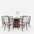 Modern Wooden Dining Table Set With Six Upholstered Chairs And Round Tabletop 3d model