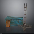 Rustic Blue Metal Shed Scene With Orange Door Rusted Ladder And Metal Frame