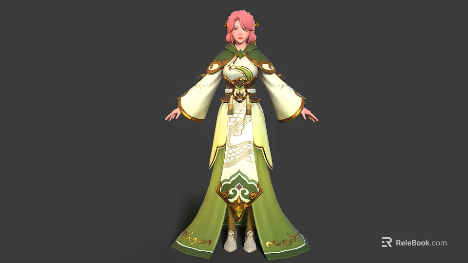 Fantasy Female Character Wearing Green White Traditional Robe With Pink Hair And Creature Patterns 3d model 