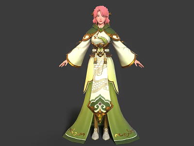 Fantasy Female Character Wearing Green White Traditional Robe With Pink Hair And Creature Patterns 3d model