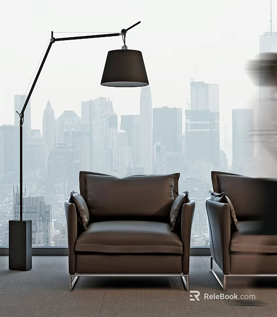Modern Leather Armchair In Living Room Interior With Window And City Skyline View 3d model 