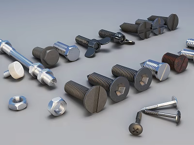 Assorted Hardware Tools Collection Featuring Screws Bolts Nuts With Various Head Designs And Metallic Finish 3d model