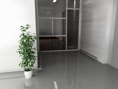 Modern Office Interior With Glass Partition Desk Green Plant And Smooth Gray Floor 3d model