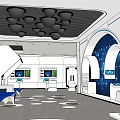 Future Tech Exhibition Interior With Circular Blue Ceiling Device And Purple Structure 3d model