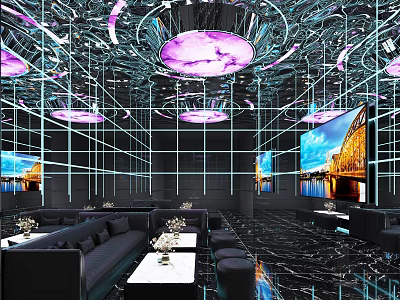 Elegant KTV Room Interior with Mirror Ceiling Purple Lighting and Black Leather Sofa 3d model