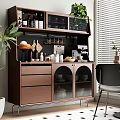 Modern Brown Sideboard With Glass Doors Drawers Green Plants And Coffee Machine