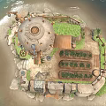 Vibrant Cartoon Seaside Stone Hut Scene With Rocks Hanging Clothes Barrels Wagon Wheel and Shed
