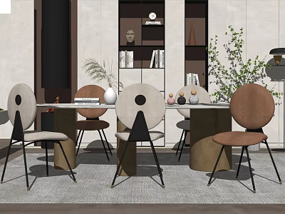 Modern Dining Table Set With Beige Brown Chairs And Decorative Bookshelf Green Plant 3d model