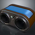 Compact Stereo Audio Speaker With Dual Drivers Brown Casing Blue Top Panel And Circular Button