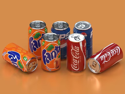 Carbonated Soft Drinks Fanta Coca Cola Pepsi Various Cans Standing and Lying on Orange Background 3d model