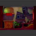 Cartoon Scene of Wooden Room with Wooden Desk Shelves Bottles Plant and Warm Lighting Stairs