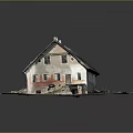 Old Red Brick Building Model With Damaged Gray Roof And Chimney Details