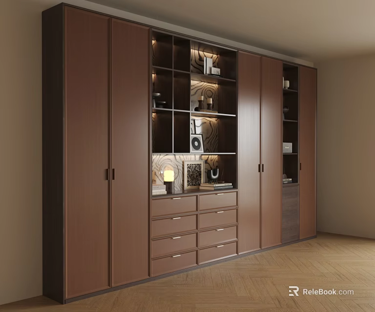 Modern Brown Decorative Cabinet With Doors Open Shelves Drawers Built in Lighting And Ornaments 3d model 